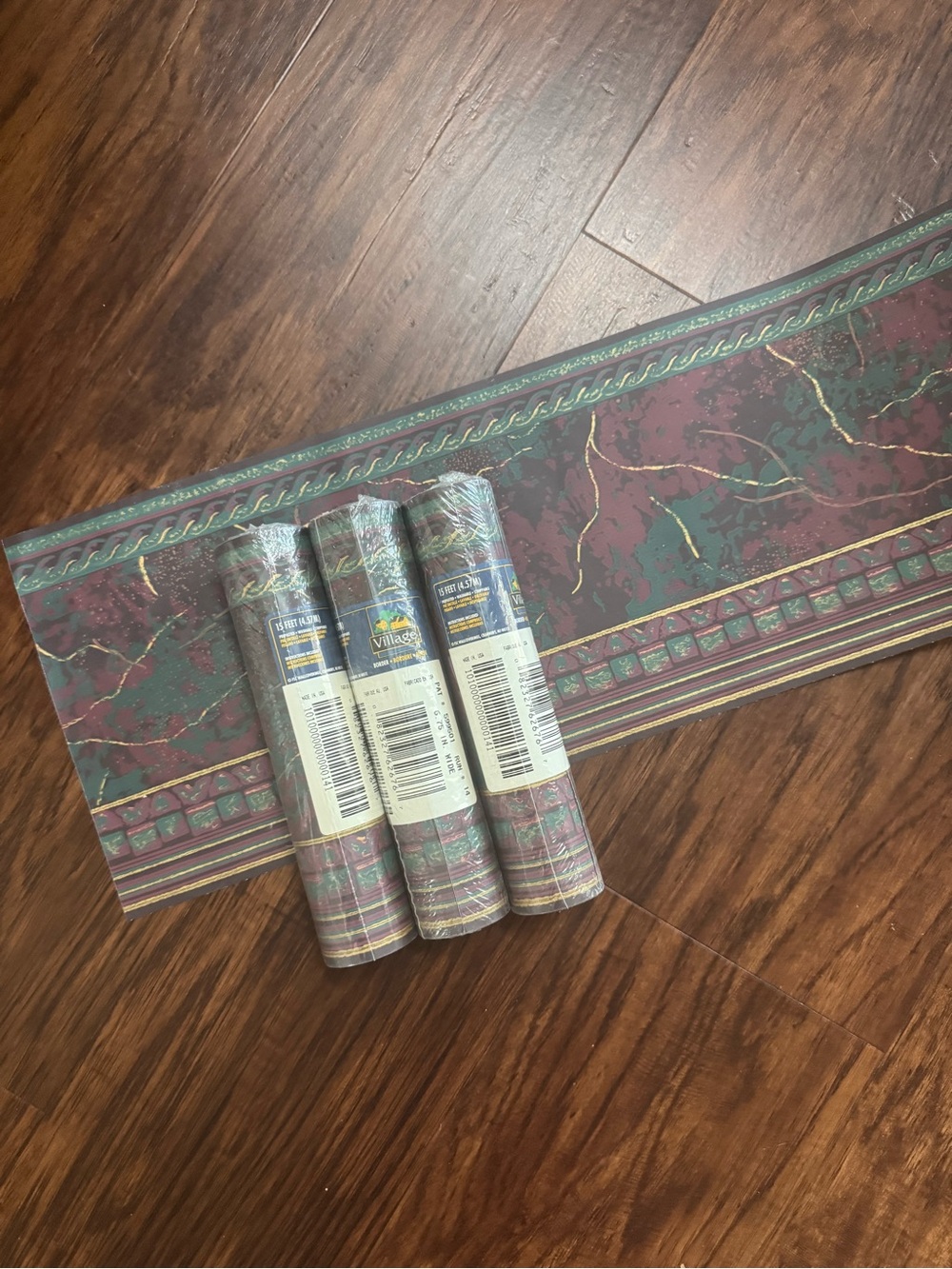 villager Marble Border Wallpaper Roll-Green & Burgundy with Gold Accents vintage